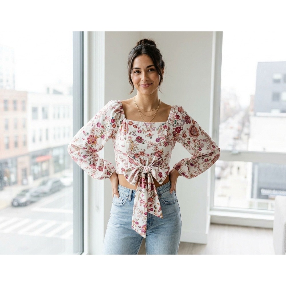 Francesca's Floral Toile Peplum Top Womens S Red Linen Blend Puff Sleeve Cottage